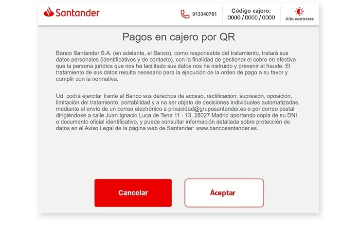 imagen que muestra lo que se ve en la pantalla del cajero automático con las condiciones legales