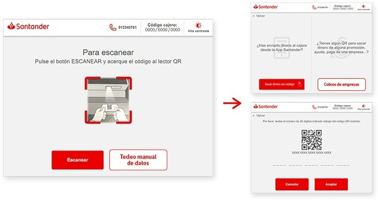 imagen que muestra lo que se ve en la pantalla del cajero automático con las operaciones disponibles y tras pinchar "Tecleo manual de datos": enviar dinero desde la App Santander o utilizar un QR