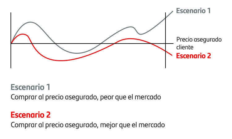 Gráfico de líneas comparando el precio asegurado pagado con dos escenarios para mostrar que el precio de mercado en la fecha de vencimiento puede ser mejor o peor que el asegurado.