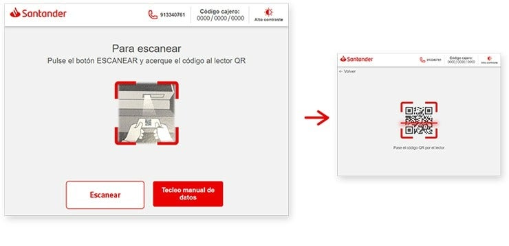 imagen que muestra lo que se ve en la pantalla del cajero automático con las opciones para introducir el código QR y lo que verás si pinchas "Escanear"