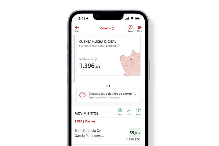 Pantalla de móvil con la App del Banco mostrando movimientos de la Cuenta Hucha Digital