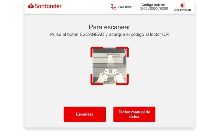 imagen que muestra lo que se ve en la pantalla del cajero automático al pinchar en "Operaciones con código QR