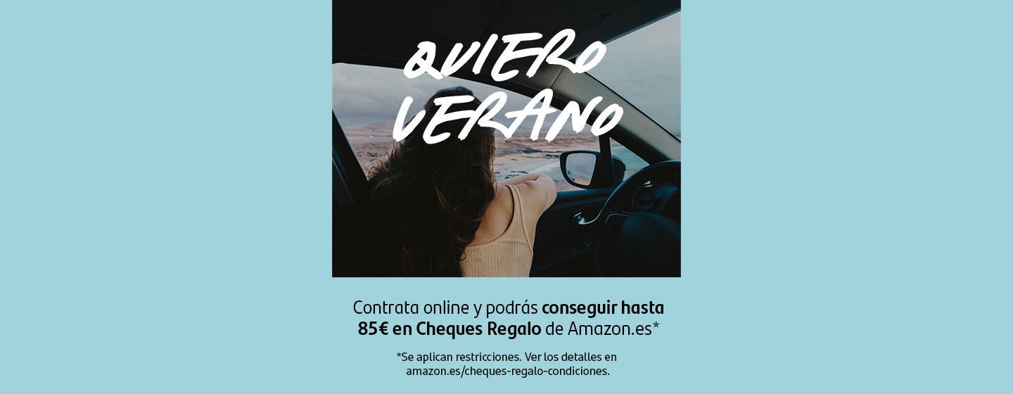 Chica en coche en la playa. Texto en imagen: 'Contrata online y podrás conseguir hasta 85€ en cheques regalo de Amazon'. Promoción con condiciones indicadas en nota al pie con asterisco y en amazon.es/cheques-regalo-condiciones.