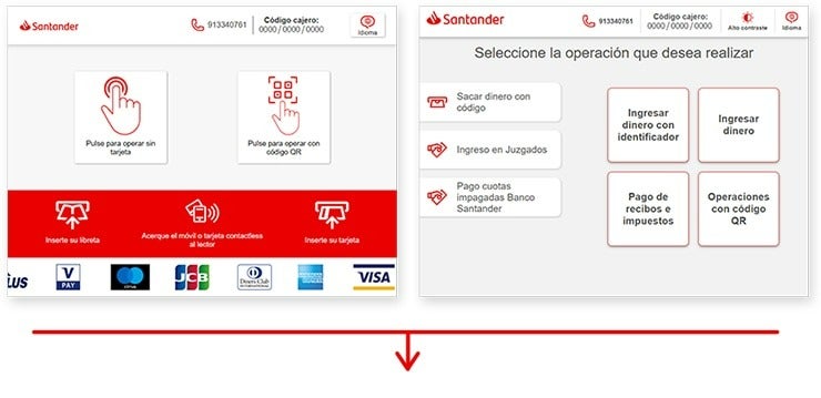imagen que muestra lo que se ve en la pantalla del cajero automático con las opciones para operar con tarjeta o con código QR