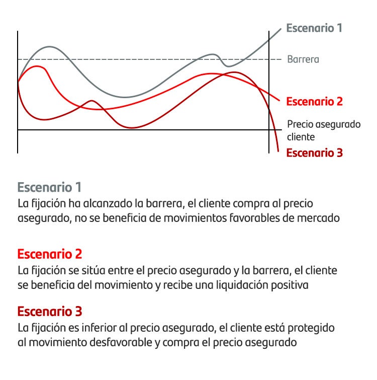 Line chart of the value of the insured price and the set barrier compared across three scenarios to show when the customer receives a positive settlement based on the market price at the maturity date.