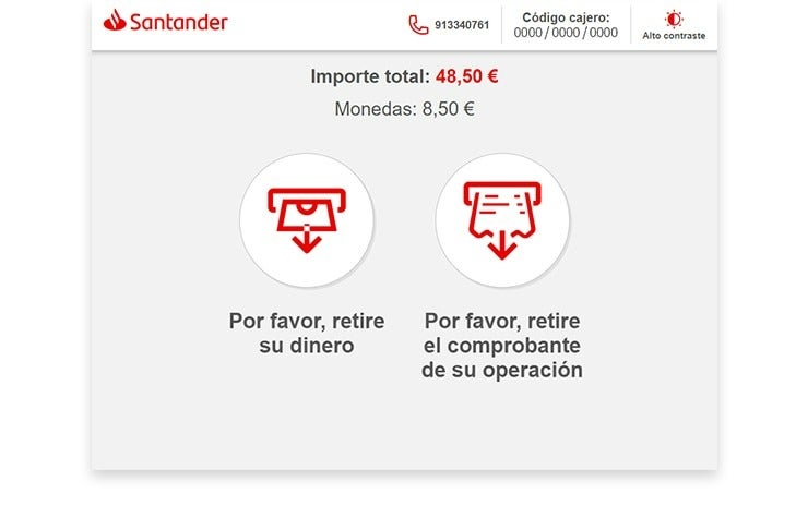 imagen que muestra lo que se ve en la pantalla del cajero automático con indicaciones para retirar el dinero