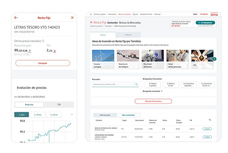 Vista de pantallas de renta fija en App Santander y Banca Online