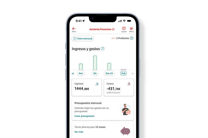 Pantalla de móvil con la App del Banco mostrando diferencia de ingresos y gastos