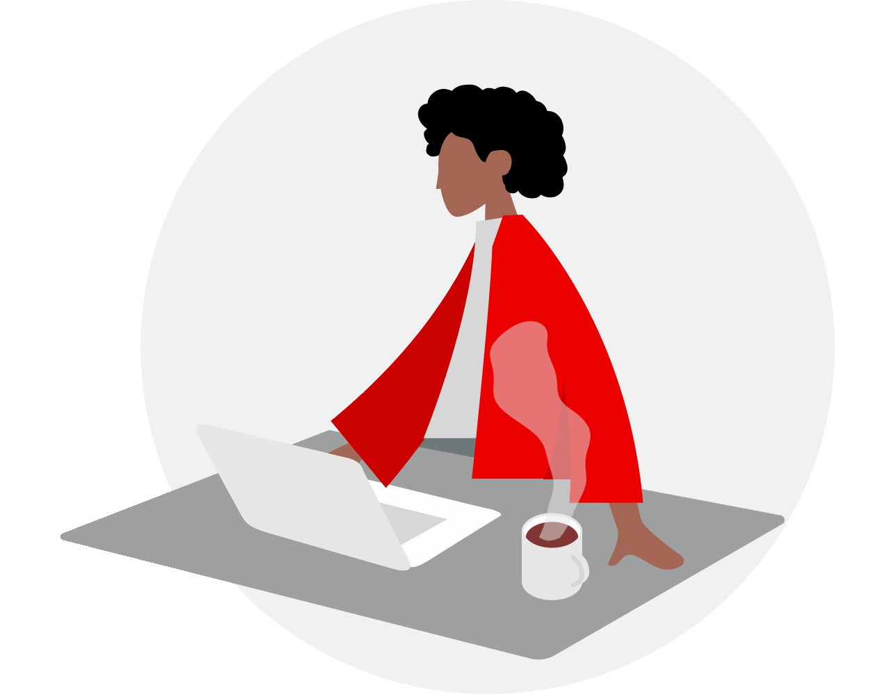 animated picture woman at desk with coffee and laptop